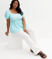 New Look Curves Turquoise Floral Crinkle Jersey Peplum Top